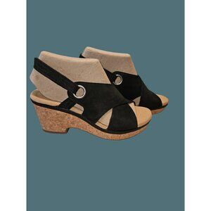 Clarks Collection Nubuck Black Giselle Open Toe Sling Back Wedge Sandals Size 9M